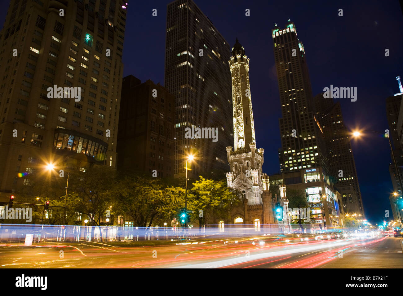 ILLINOIS Chicago Water Tower building on Michigan Avenue at dusk Water Tower Place and buildings on Magnificent Mile Stock Photo