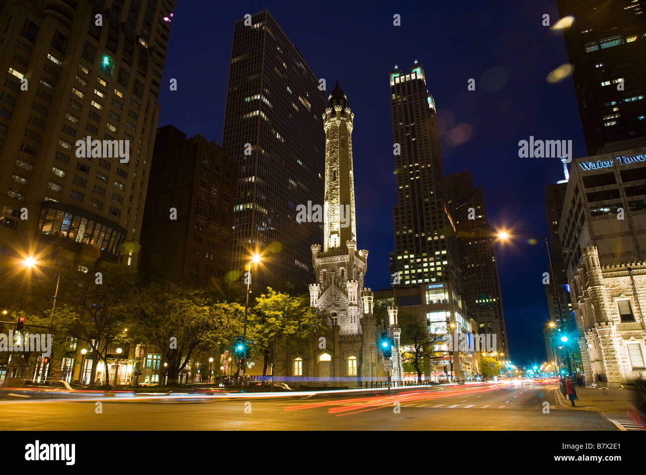 ILLINOIS Chicago Water Tower building on Michigan Avenue at dusk Water Tower Place and buildings on Magnificent Mile Stock Photo