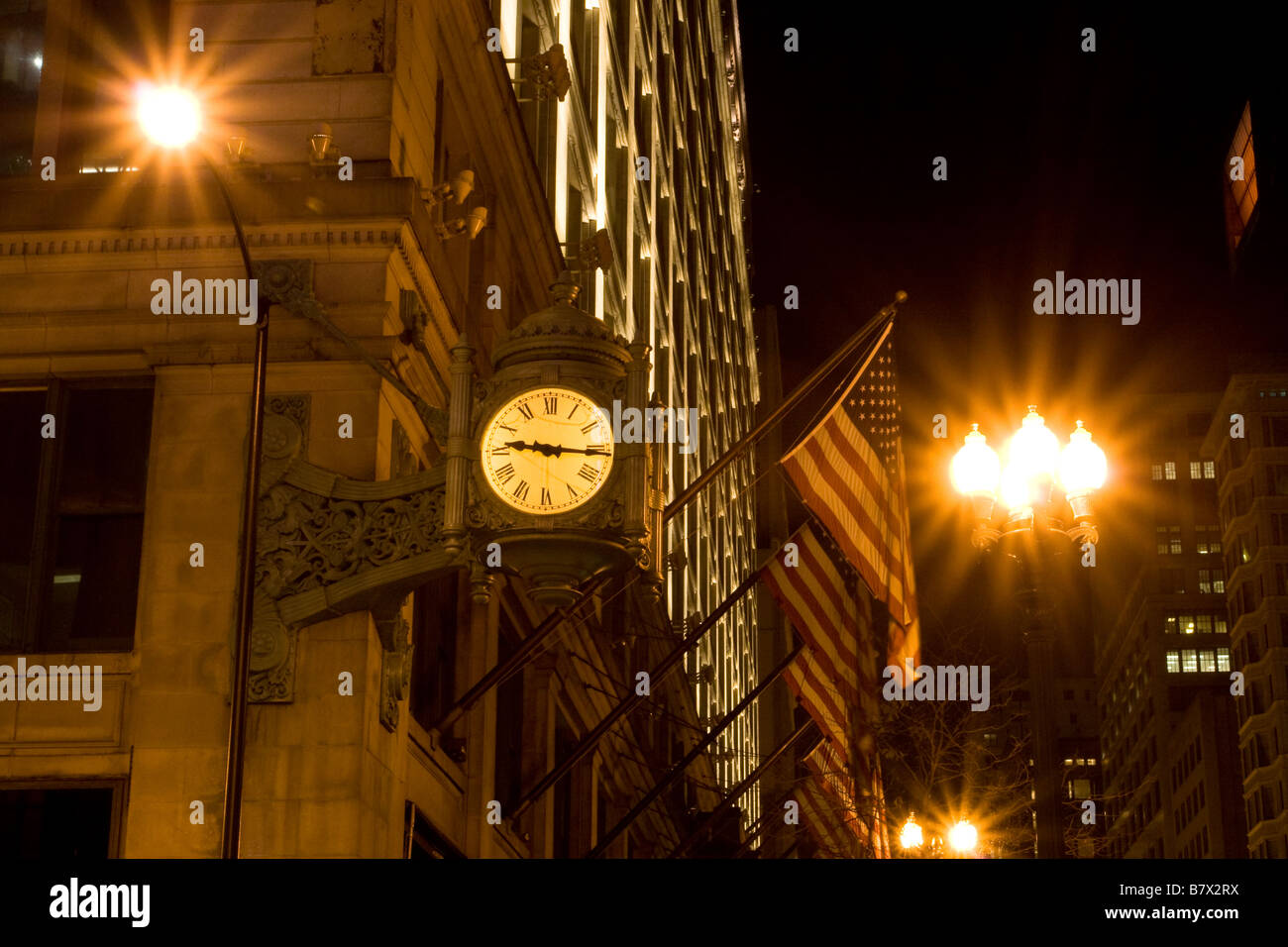 Marshall Fields Clock at Night on State Street Chicago, Illinois Stock
