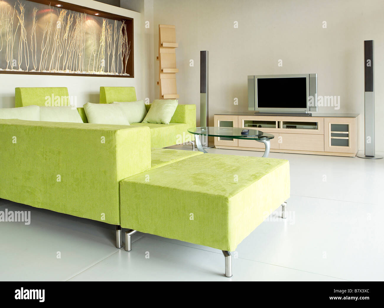 Sofa television speakers in living room Stock Photo Alamy