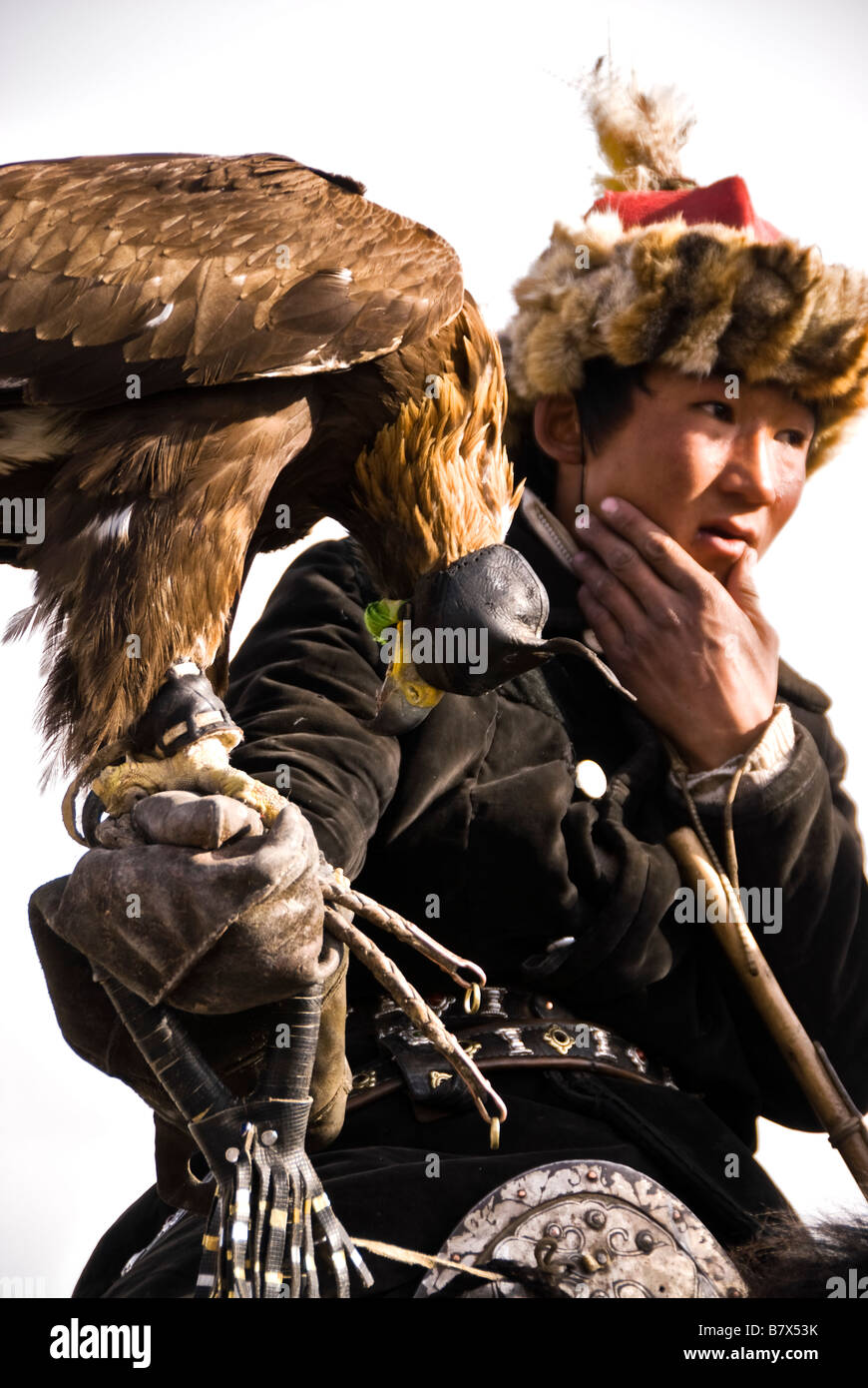 Eagle Hunters at the Bayan Olgii eagle hunting festival Western Mongolia Stock Photo