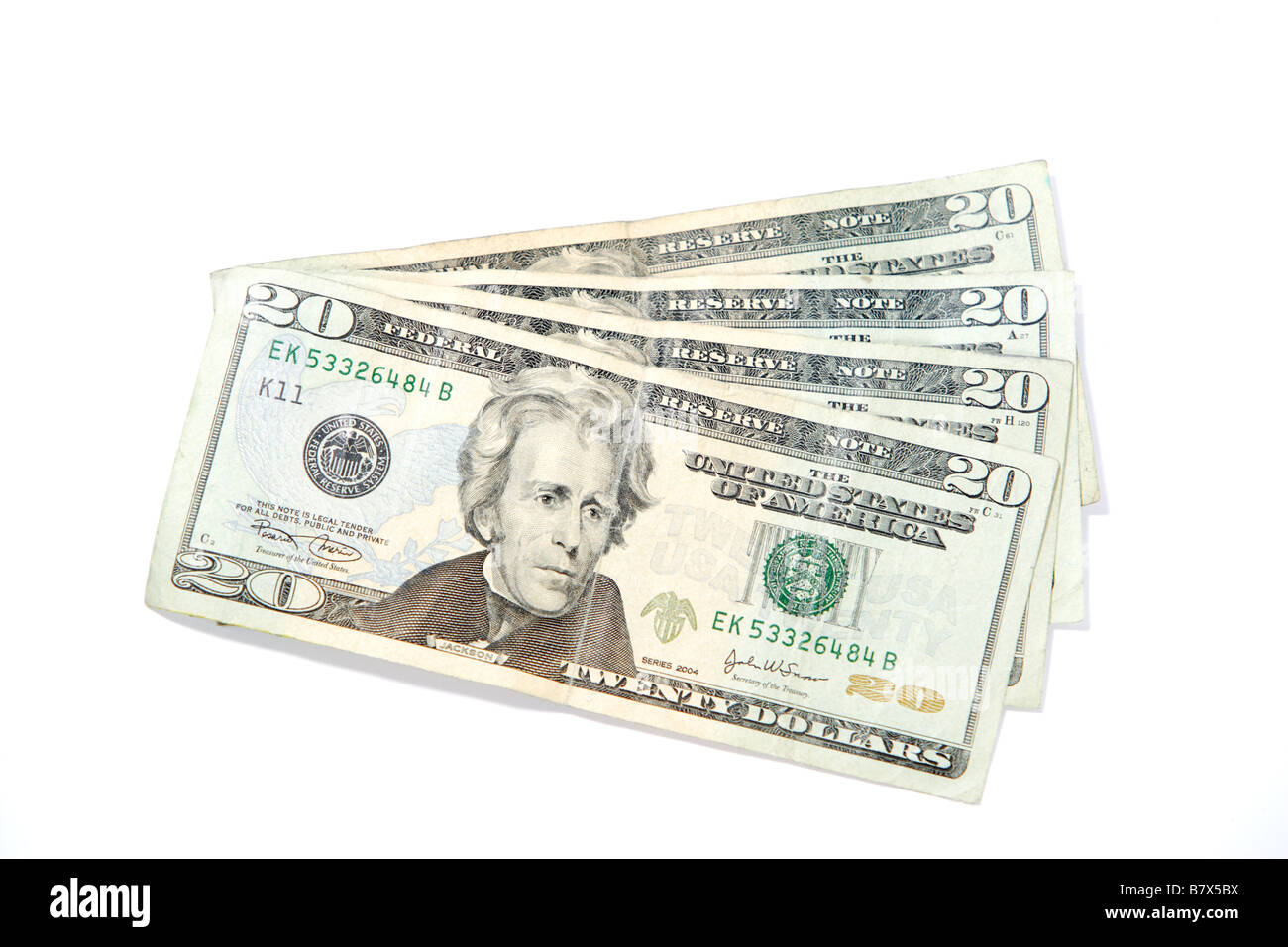Four twenty dollar bills fanned out in the studio Stock Photo