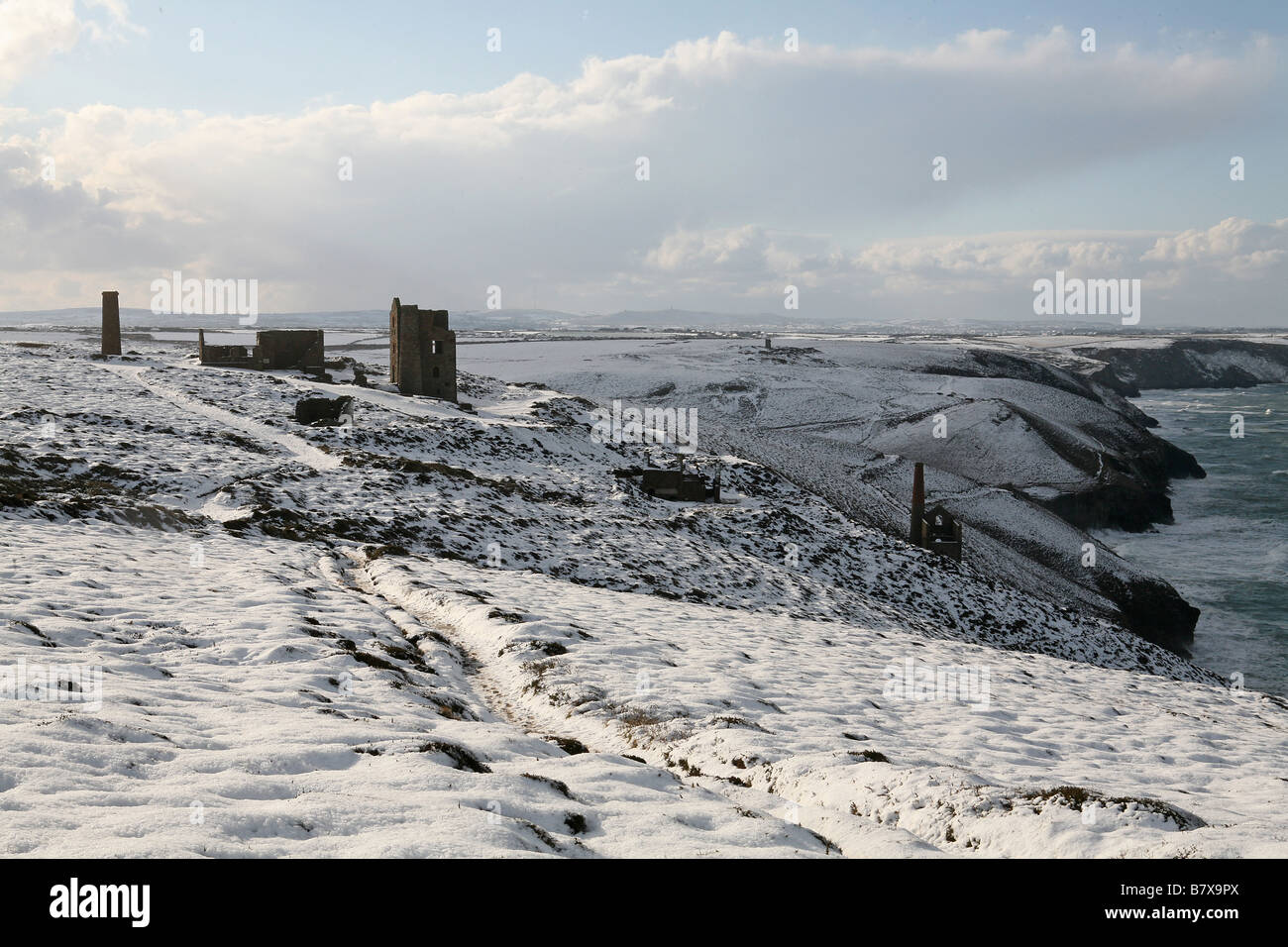 Snow covered Wheal Coates, St Agnes, Cornwall, UK Stock Photo