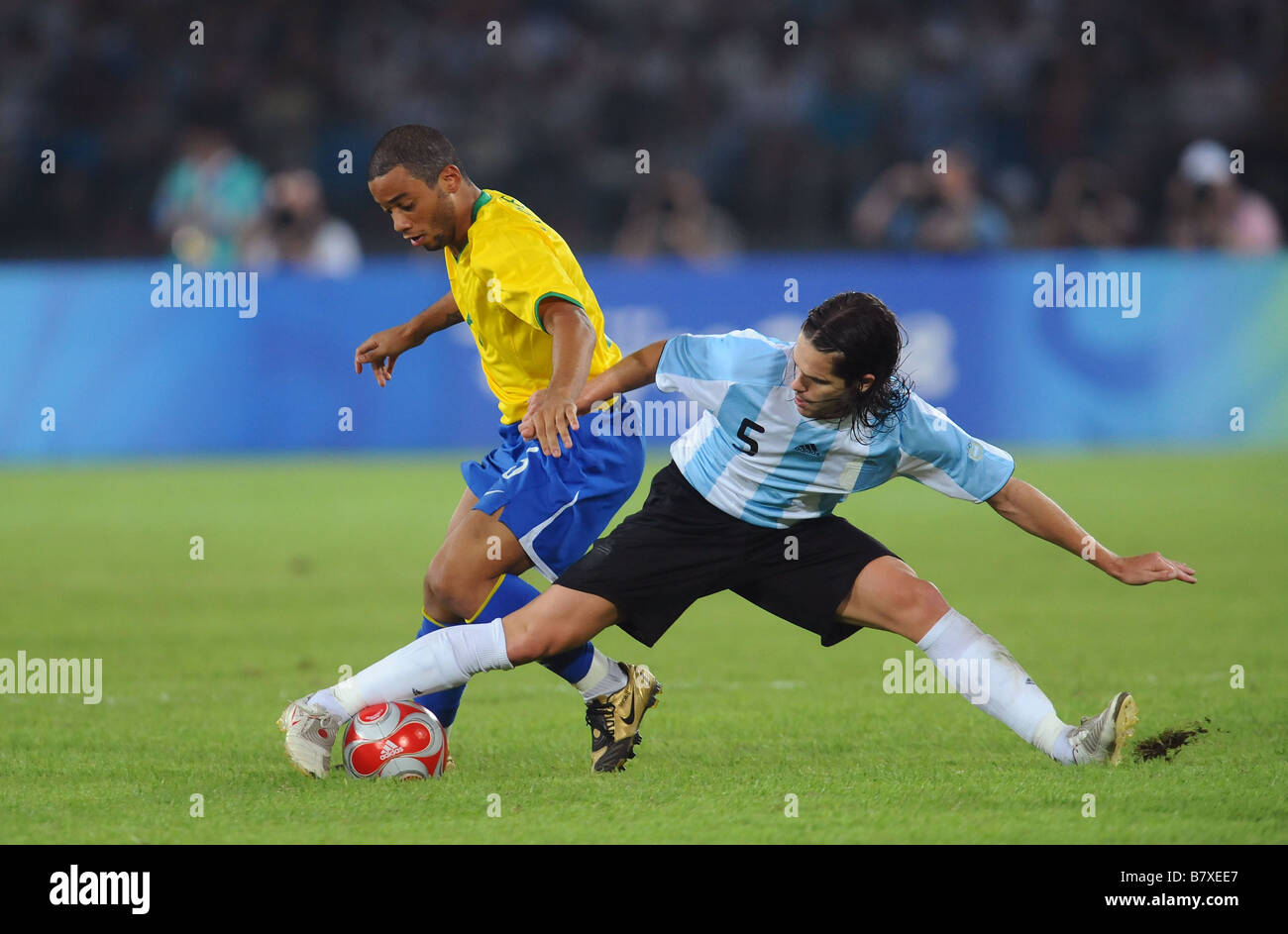 Marcelo BRA Fernando Gago ARG AUGUST 19 2008 Football Beijing 2008 Olympic Games Mens Football semi final match between Argentina and Brazil at Workers Stadium in Beijing China Photo by Atsushi Tomura AFLO SPORT 1035 Stock Photo