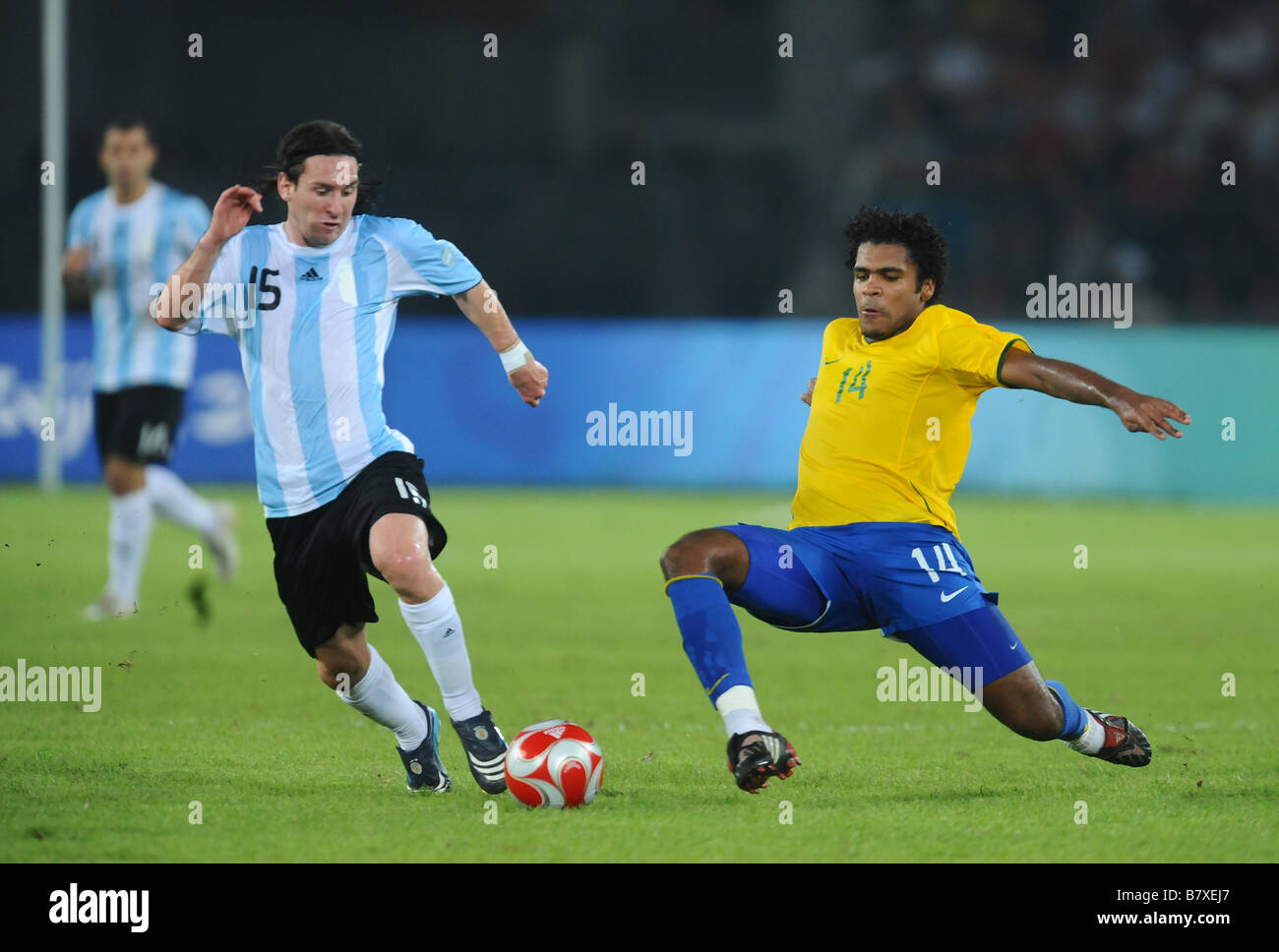 Lionel Messi ARG Breno BRA AUGUST 19 2008 Football Beijing 2008 Olympic Games Mens Football semi final match between Argentina and Brazil at Workers Stadium in Beijing China Photo by Atsushi Tomura AFLO SPORT 1035 Stock Photo