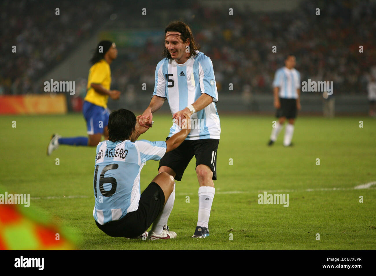 Sergio Aguero Lionel Messi ARG AUGUST 19 2008 Football Beijing 2008 Olympic Games Mens Football semi final match between Argentina and Brazil at Workers Stadium in Beijing China Photo by YUTAKA AFLO SPORT 1040 Stock Photo