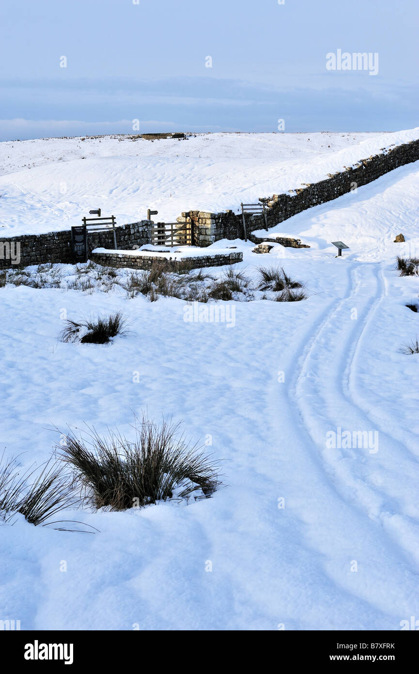 Winter view of snow covered Hadrian's Wall at Knag Burn Turret near Housesteads Stock Photo