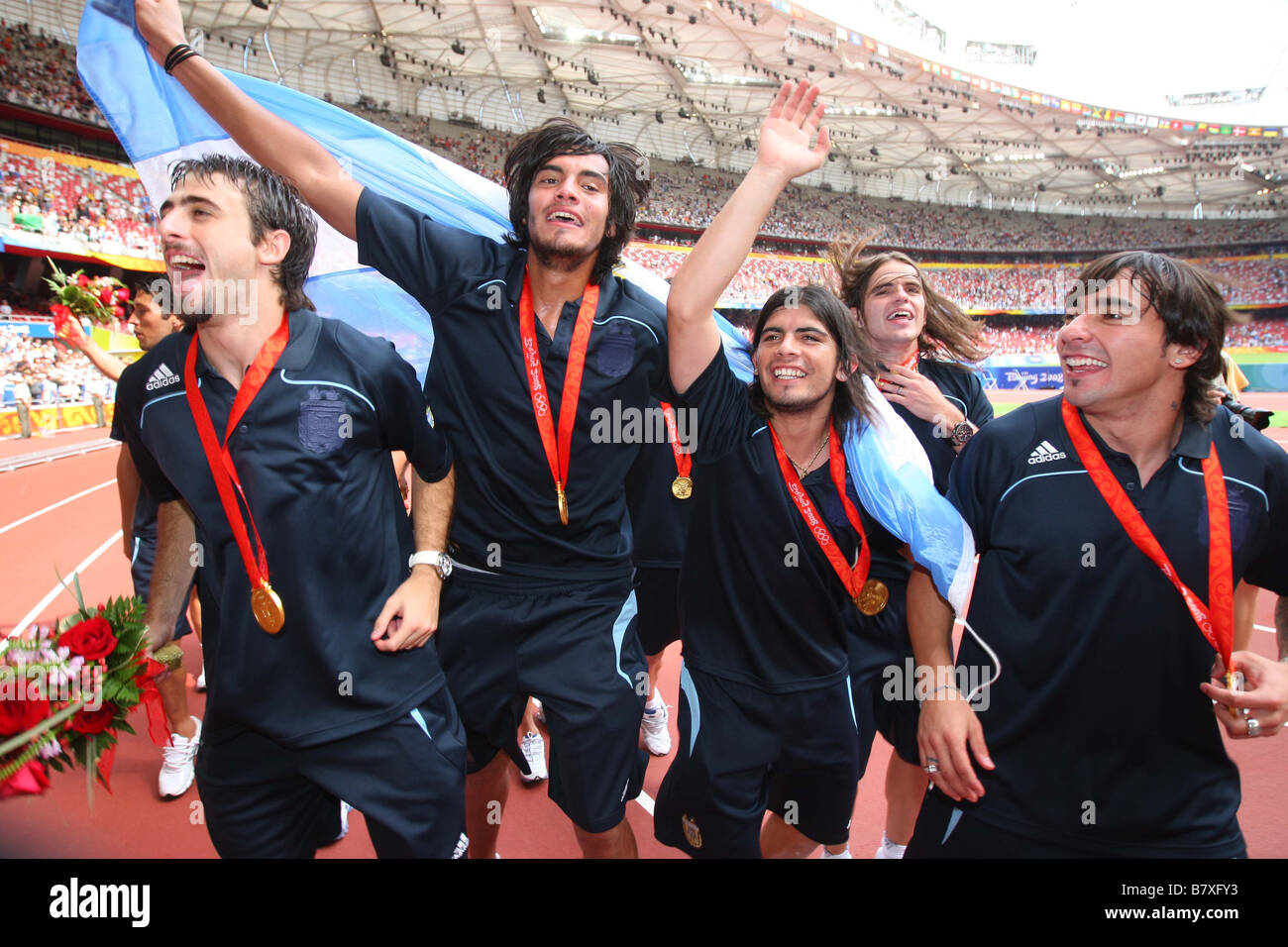 Argentina Team Group Arg August 23 2008 Football Beijing 2008 Olympic Games The Argentina National Football Team Celebrates Winning The Gold During The Mens Football Medal Ceremony At National Stadium Birds Nest