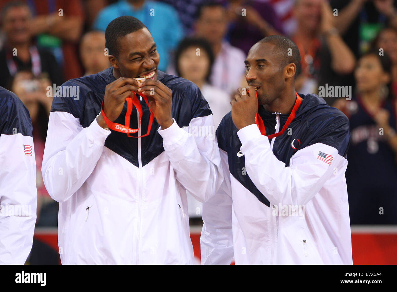 L to R Dwight Howard USA Kobe Bryant USA AUGUST 24 2008 Basketball Beijing 2008 Olympic Games Dwight Howard and Kobe Bryant Cel Stock Photo