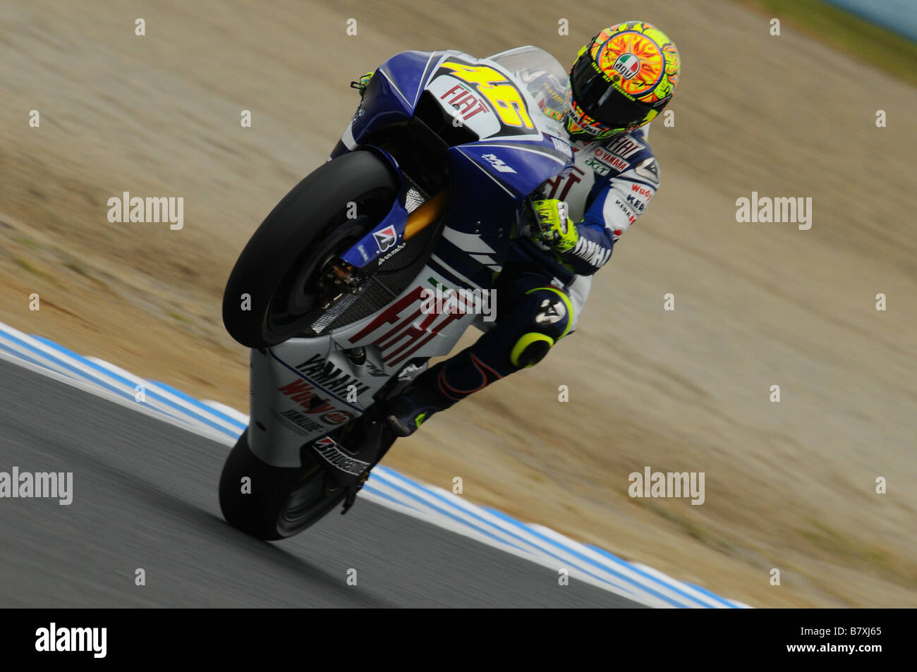 Valentino Rossi Fiat Yamaha SEPTEMBER 28 2008 Motor Valentino Rossi of Italy and the Fiat Yamaha team rides in action during Round 15 of the 2008 MotoGP World Championship the Japanese Grand Prix held at the Motegi Twin Ring circuit on September 28 2008 in Motegi Japan Photo by Masakazu Watanabe AFLO SPORT 0005 Stock Photo