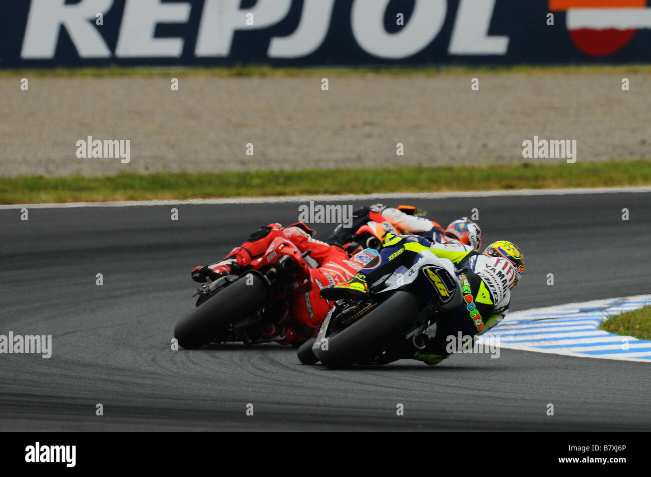 Valentino Rossi Fiat Yamaha SEPTEMBER 28 2008 Motor Valentino Rossi of Italy and the Fiat Yamaha team rides in action during Round 15 of the 2008 MotoGP World Championship the Japanese Grand Prix held at the Motegi Twin Ring circuit on September 28 2008 in Motegi Japan Photo by Masakazu Watanabe AFLO SPORT 0005 Stock Photo