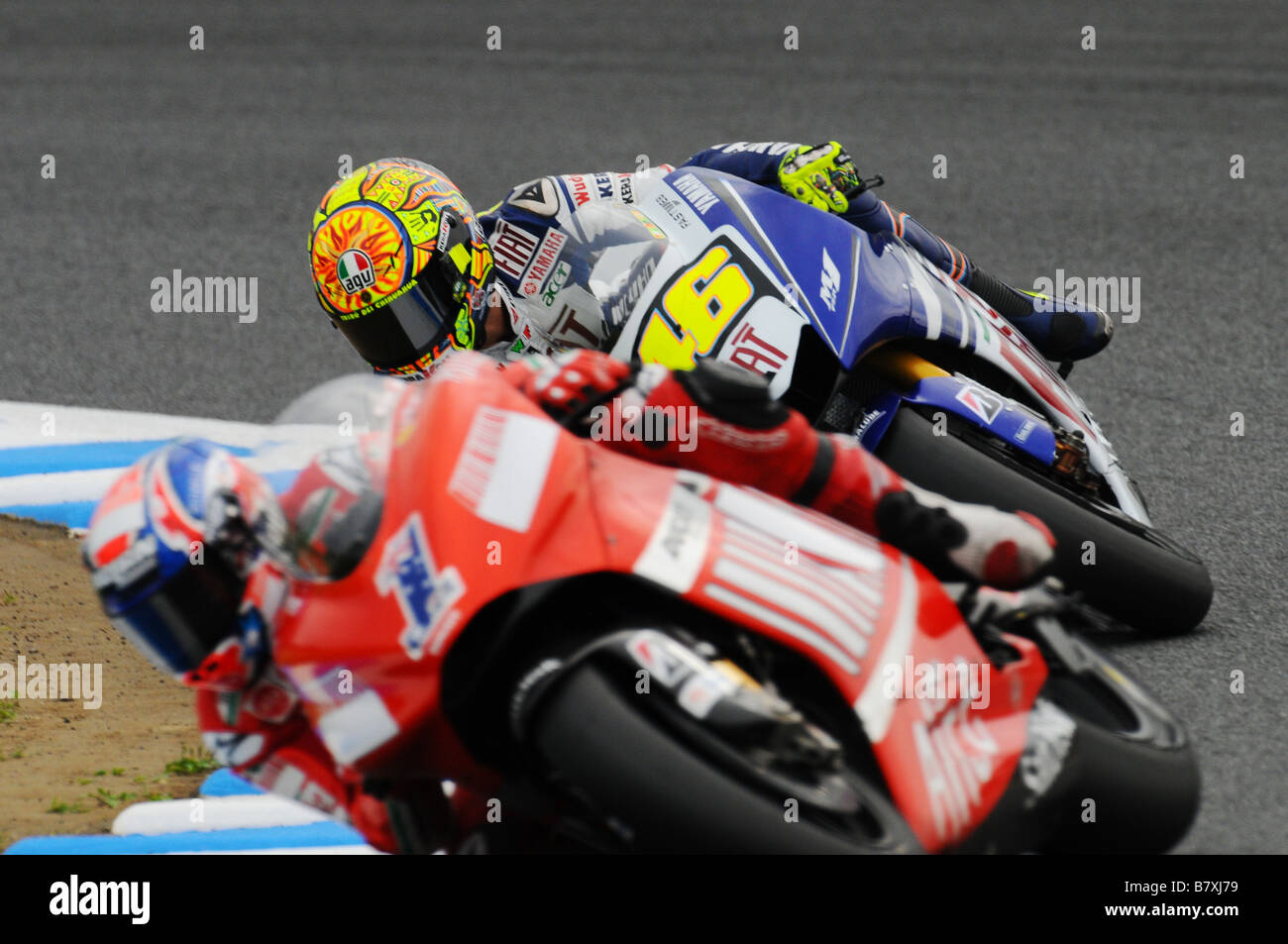 Valentino Rossi Fiat Yamaha SEPTEMBER 28 2008 Motor Valentino Rossi of Italy and the Fiat Yamaha team rides in action during Round 15 of the 2008 MotoGP World Championship the Japanese Grand Prix held at the Motegi Twin Ring circuit on September 28 2008 in Motegi Japan Photo by Masakazu Watanabe AFLO SPORT 0005 Stock Photo