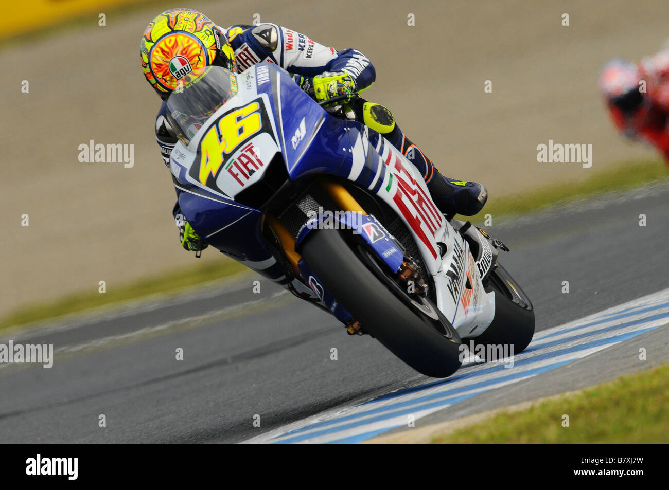 Valentino Rossi Fiat Yamaha SEPTEMBER 28 2008 Motor Valentino Rossi of Italy and the Fiat Yamaha team rides in action during Round 15 of the 2008 MotoGP World Championship the Japanese Grand Prix held at the Motegi Twin Ring circuit on September 28 2008 in Motegi Japan Photo by Masakazu Watanabe AFLO SPORT 0005 Stock Photo