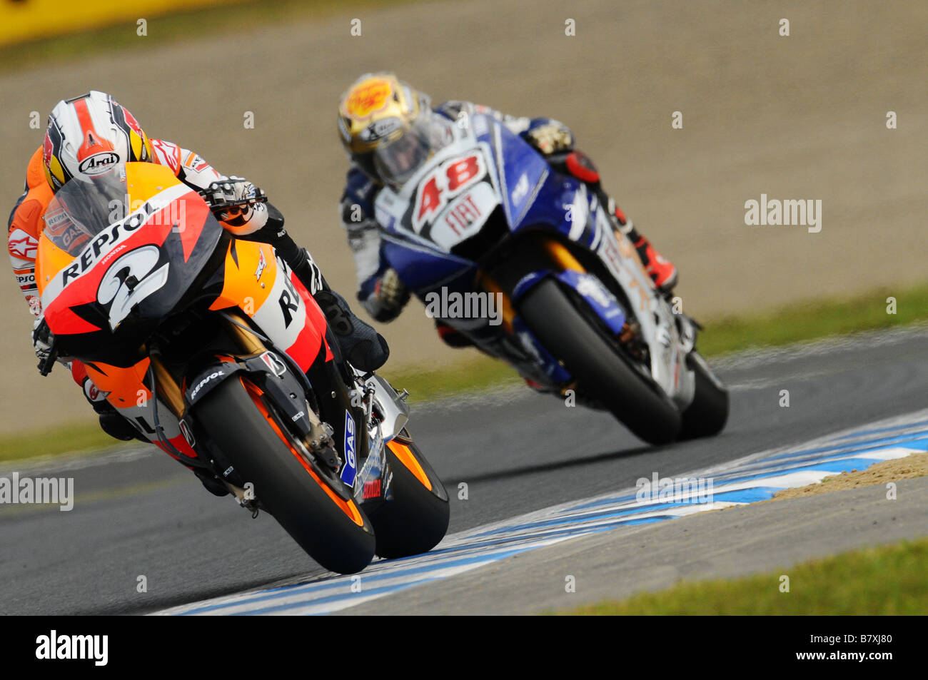 Dani Pedrosa Repsol Honda SEPTEMBER 28 2008 Motor Dani Pedrosa of Spain and the Repsol Honda team in action during Round 15 of the 2008 MotoGP World Championship the Japanese Grand Prix held at the Motegi Twin Ring circuit on September 28 2008 in Motegi Japan Photo by Masakazu Watanabe AFLO SPORT 0005 Stock Photo