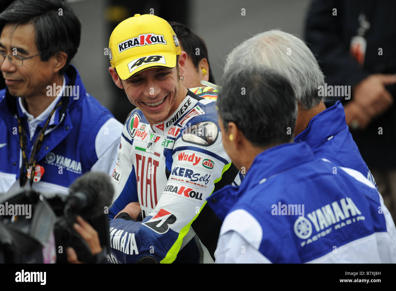 Valentino Rossi Fiat Yamaha SEPTEMBER 28 2008 Motor Valentino Rossi of Italy and the Fiat Yamaha team celebrates winning the MotoGP World title after Round 15 of the 2008 MotoGP World Championship the Japanese Grand Prix held at the Motegi Twin Ring circuit on September 28 2008 in Motegi Japan Photo by Masakazu Watanabe AFLO SPORT 0005 Stock Photo