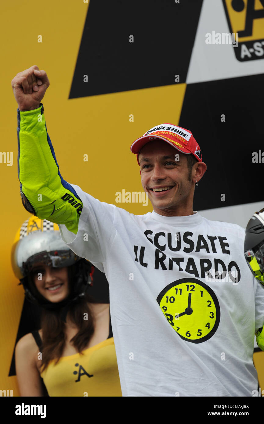 Valentino Rossi Fiat Yamaha SEPTEMBER 28 2008 Motor Valentino Rossi of Italy and the Fiat Yamaha team celebrates winning the MotoGP World title after Round 15 of the 2008 MotoGP World Championship the Japanese Grand Prix held at the Motegi Twin Ring circuit on September 28 2008 in Motegi Japan Photo by Masakazu Watanabe AFLO SPORT 0005 Stock Photo