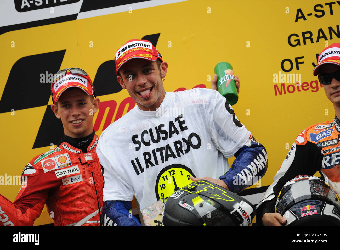 Valentino Rossi Fiat Yamaha SEPTEMBER 28 2008 Motor Valentino Rossi of Italy and the Fiat Yamaha team celebrates winning the MotoGP World title after Round 15 of the 2008 MotoGP World Championship the Japanese Grand Prix held at the Motegi Twin Ring circuit on September 28 2008 in Motegi Japan Photo by Masakazu Watanabe AFLO SPORT 0005 Stock Photo