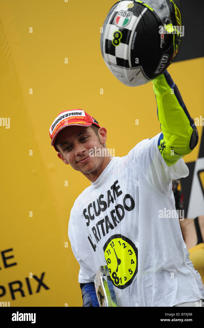 Valentino Rossi Fiat Yamaha SEPTEMBER 28 2008 Motor Valentino Rossi of Italy and the Fiat Yamaha team celebrates winning the MotoGP World title after Round 15 of the 2008 MotoGP World Championship the Japanese Grand Prix held at the Motegi Twin Ring circuit on September 28 2008 in Motegi Japan Photo by Masakazu Watanabe AFLO SPORT 0005 Stock Photo