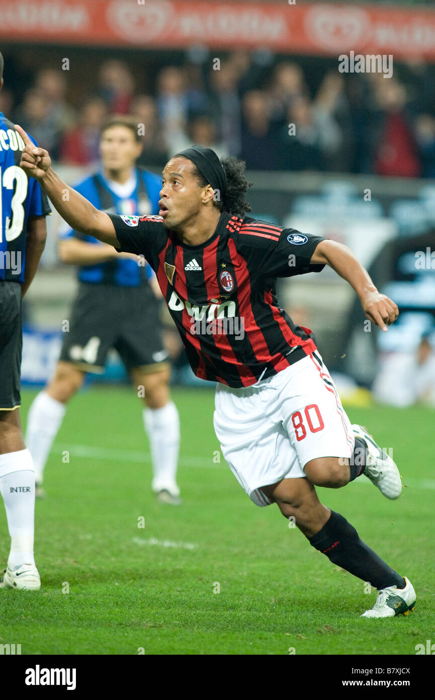 Ronaldinho Milan SEPTEMBER 28 2008 Football Ronaldinho of AC Milan celebrates his goal during the Italian Serie A match between Stock Photo