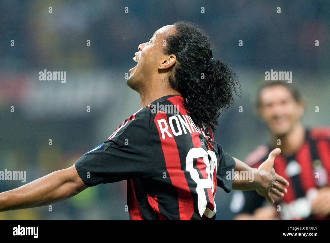 Ronaldinho Milan SEPTEMBER 28 2008 Football Ronaldinho of AC Milan celebrates his goal during the Italian Serie A match between Stock Photo