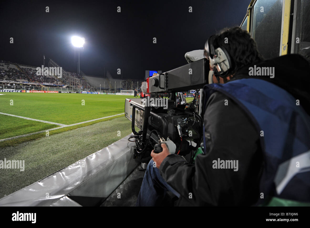 Camera Crew at Artemio Franchi Stadium September 30 2008 Football UEFA Champions League 2008 2009 Fiorentina Italy vs Steaua Bucuresti Bucarest 0 0 Artemio Franchi Stadium Florence Italy Photo by Enrico Calderoni AFLO Stock Photo