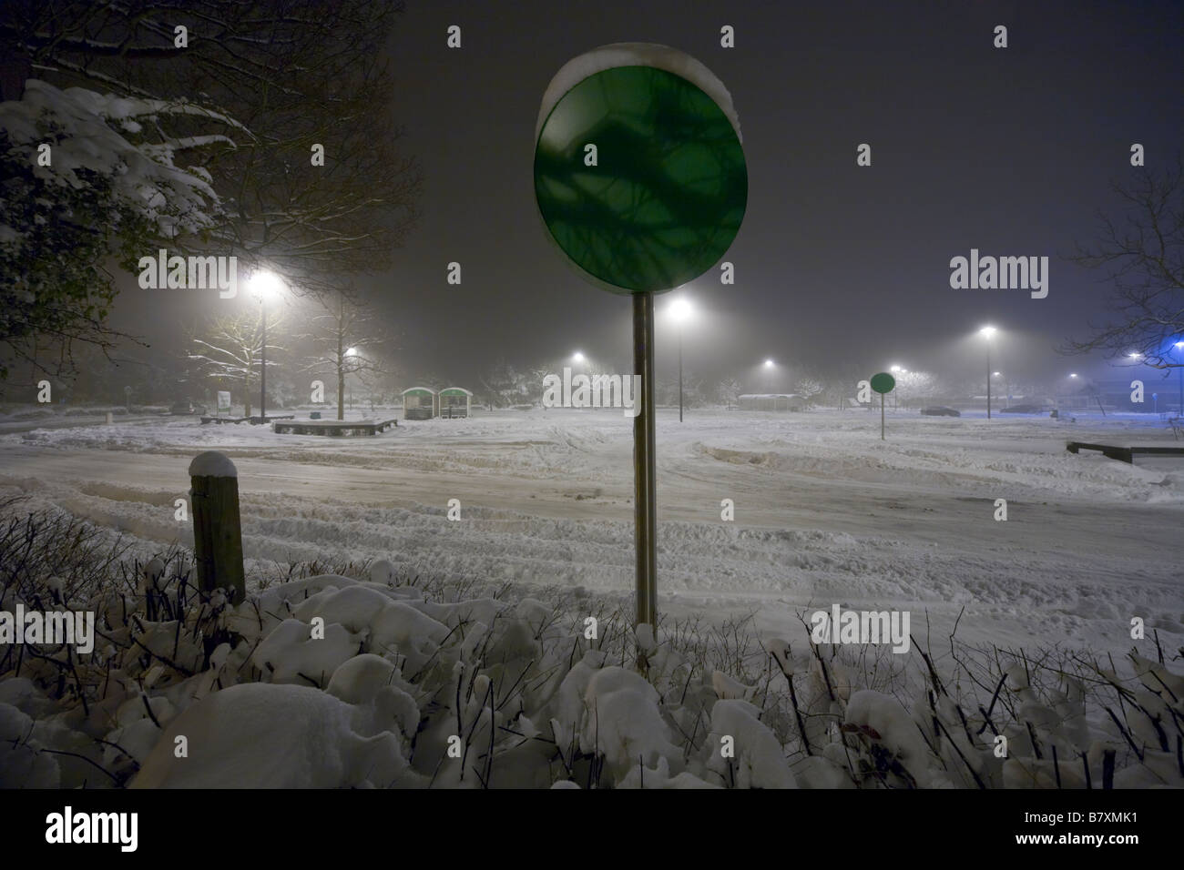 Asda car park under snow at night surrey Stock Photo