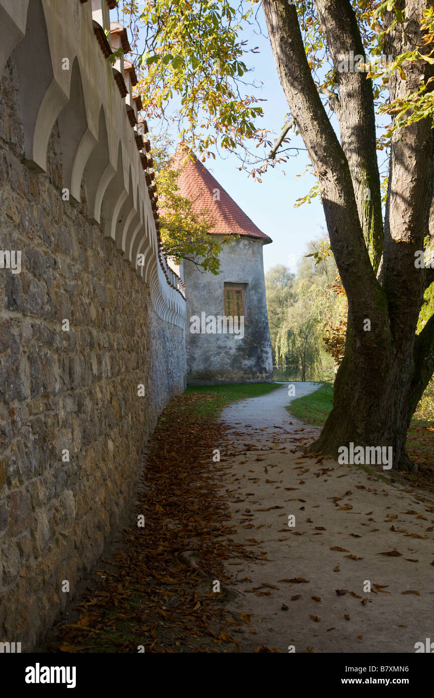 Path and park grounds beside Otocec Castle and the river Krka, Dolenjska, Slovenia, East Europe Stock Photo