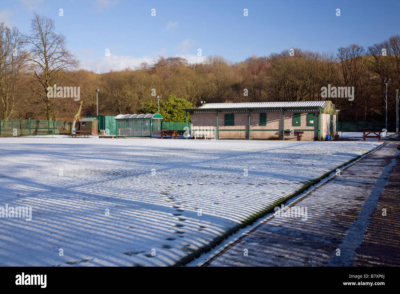 lancashire bowling green and club house in december frost and snow Stock Photo