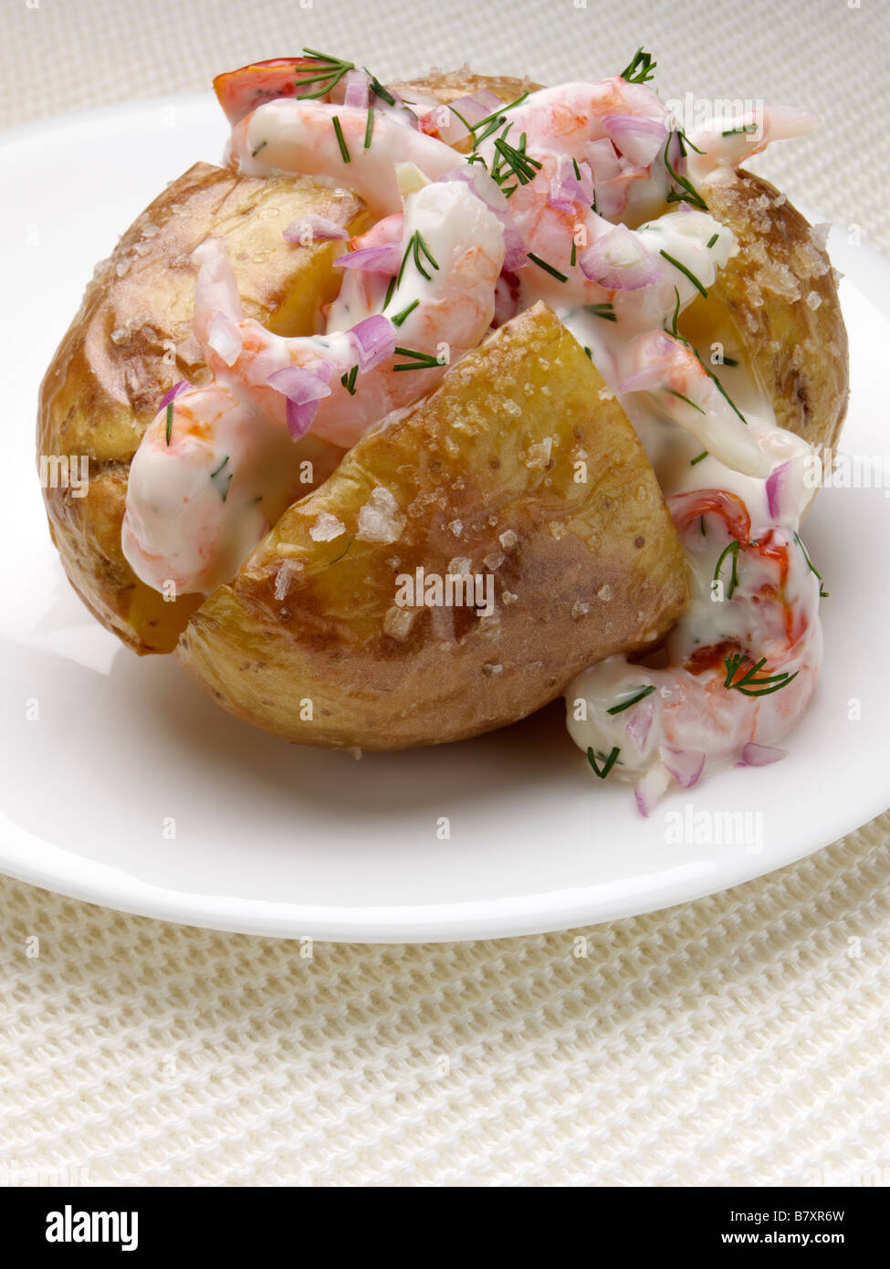 Jacket potato with cold water prawns Stock Photo Alamy