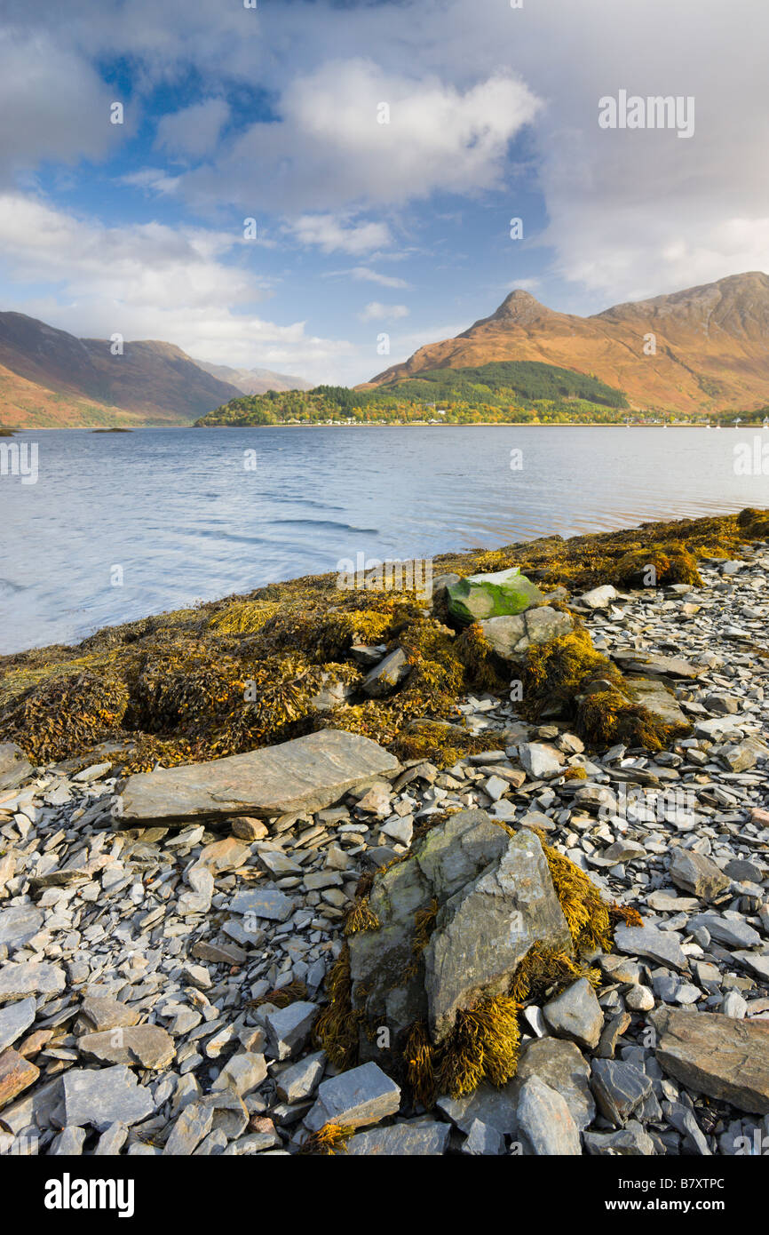 Looking across Loch Leven to Glencoe village and the Pap of Glencoe Highlands Scotland Stock Photo