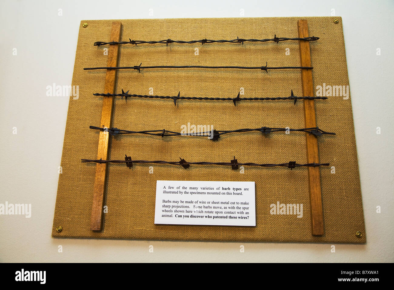 ILLINOIS DeKalb Patented barbed wire designs displayed in Ellwood House Museum Stock Photo