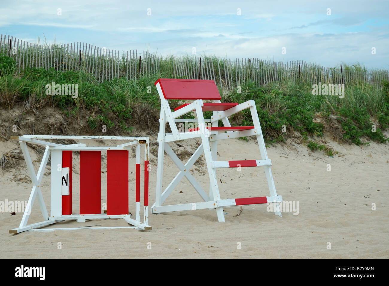 Red and white lifeguard chairs at Misquamicut State Beach in Westerly Rhode Island USA Stock Photo