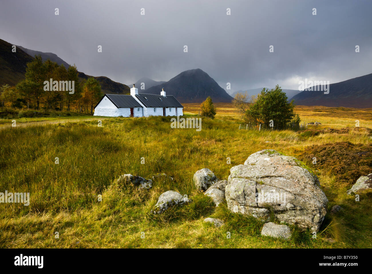 Blackrock Cottage standing alone and exposed on Rannoch Moor in the Scottish Highlands Scotland Stock Photo