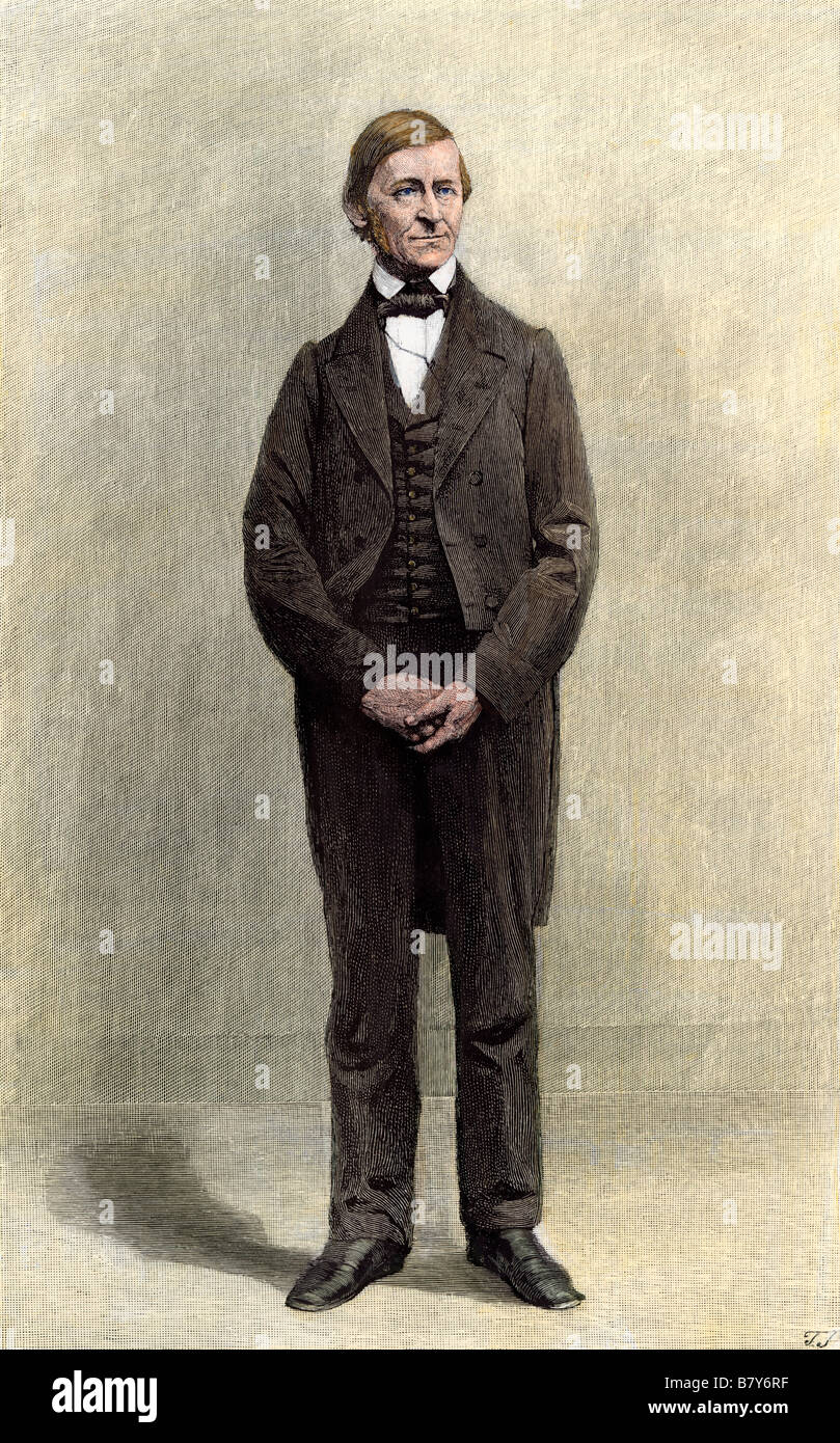 Ralph Waldo Emerson portrait standing. Hand-colored woodcut Stock Photo