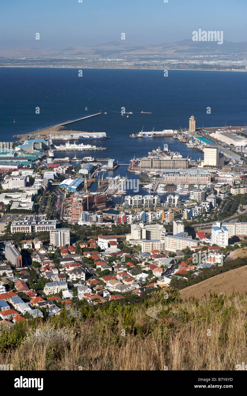 View of the V&A waterfront, the harbour and Table Bay in Cape Town South Africa. Stock Photo