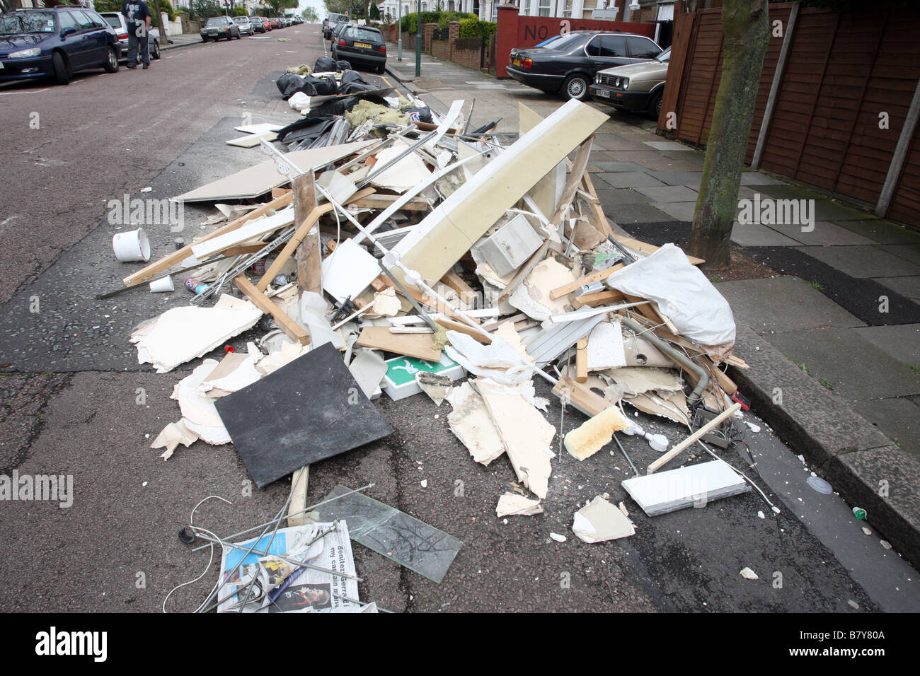 Rubbish that has been dumped on a residential street in London, otherwise known as fly tipping