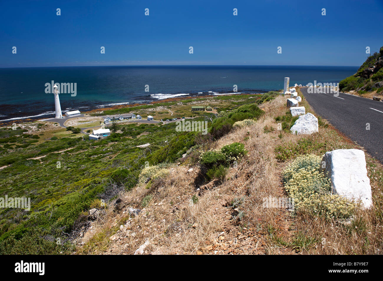 Slangkop point lighthouse on the Atlantic coast of the Cape Peninsula near Cape Town in South Africa. Stock Photo