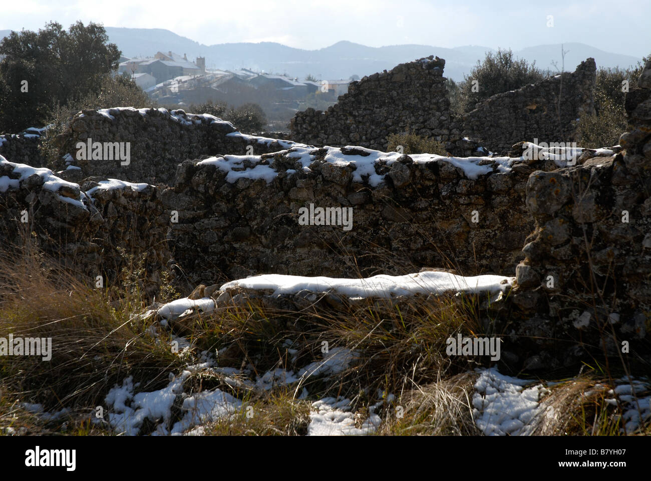 Alcala de Jovada from Moorish ruined village of L'Atzuvieta, winter, Vall d'Alcala, Marina Alta, Alicante Province, Spain Stock Photo