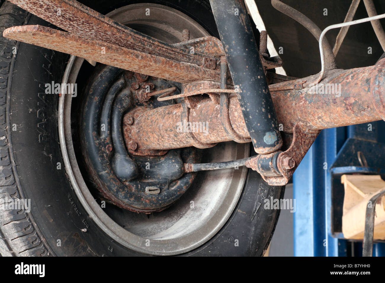 Automotive rear axle on lift Stock Photo