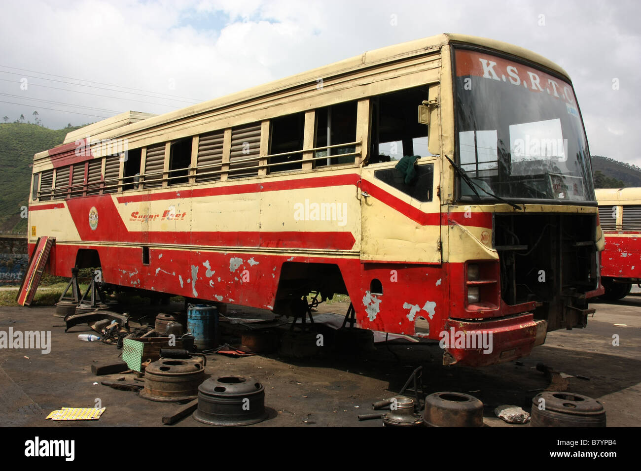 Ashok Leyland state bus under repair in rural Munnar Kerala India Stock Photo