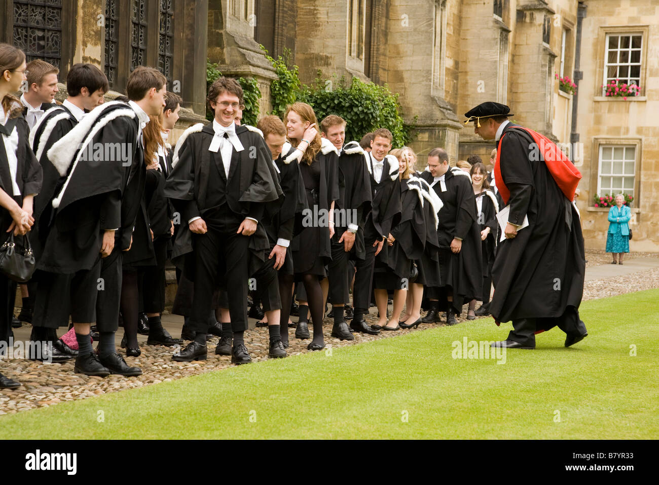 Non pattern, unpattered, black or very dark socks must be worn by Graduands on graduation day, College Master makes a final check Stock Photo