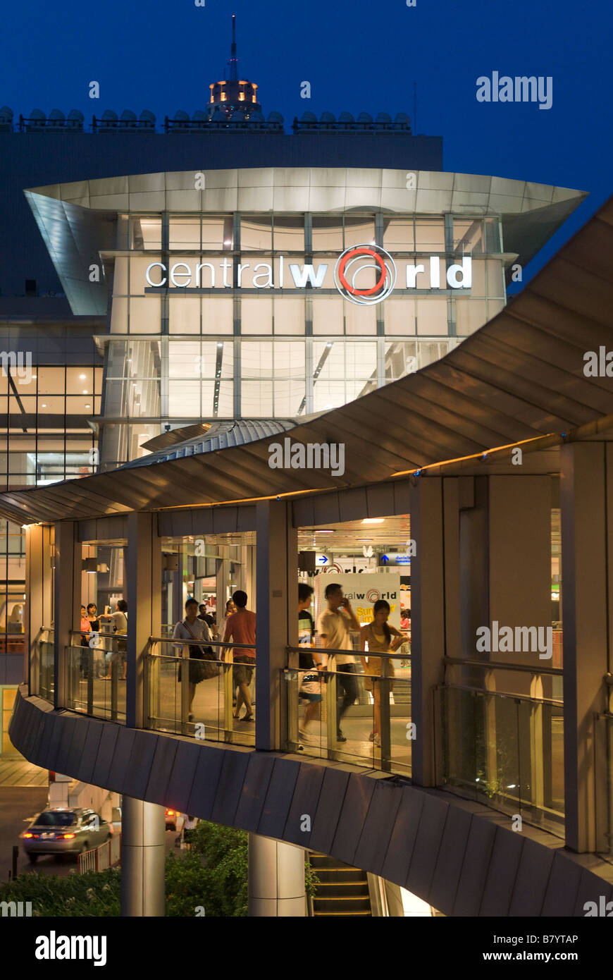 Pedestrian walkway entrance to Central World upmarket shopping mall Pathumwan district in central Bangkok Thailand Stock Photo