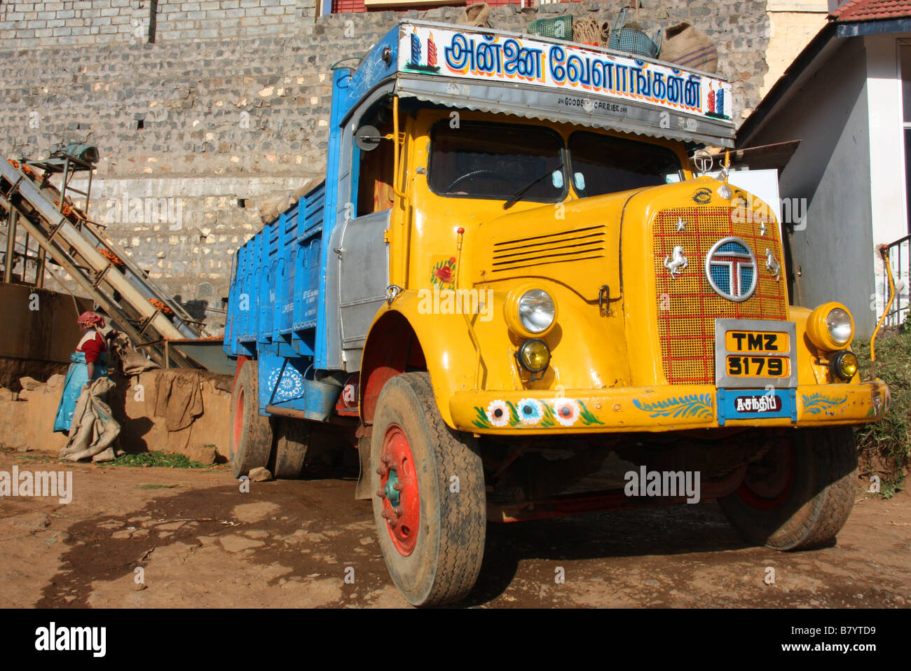 Vintage Tata 1210 SE being loaded at a factory in Ooty Tamil Nadu India