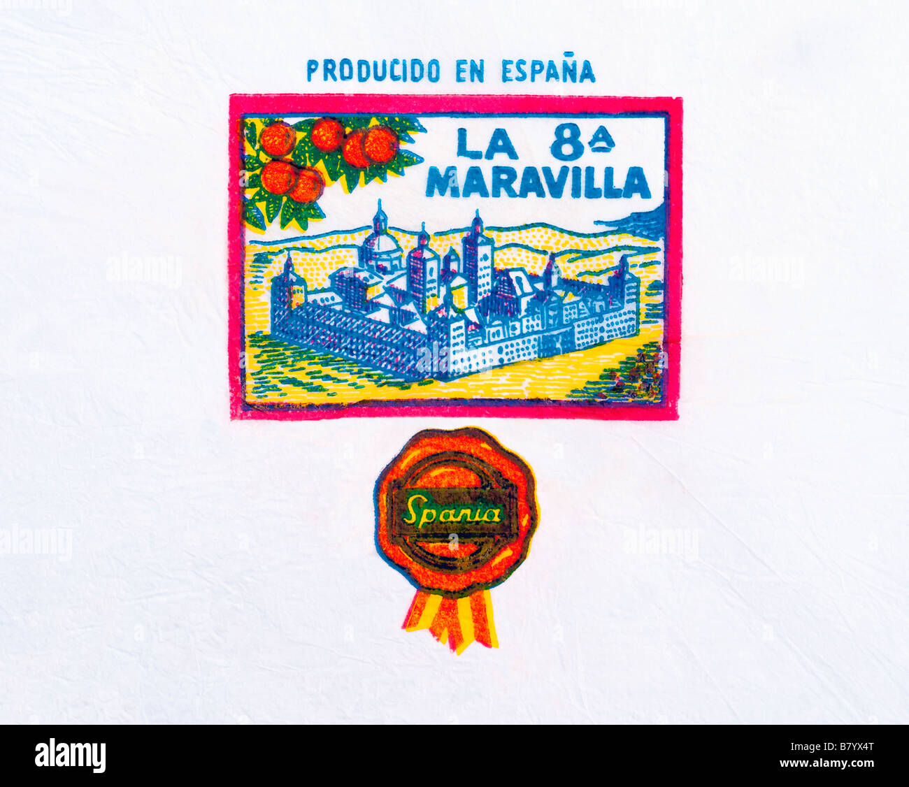 Citrus fruit wrapper from Spain - framed Fortified Town illustration on tissue paper. Stock Photo