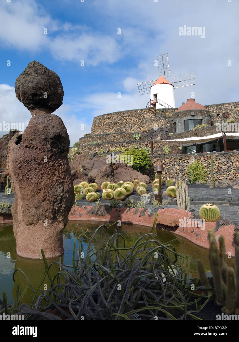 Volcanic rock pinnacle at the Cactus Garden a tourist attraction created by Cesar Manrique in Guatiza Lanzarote Canary Islands Stock Photo