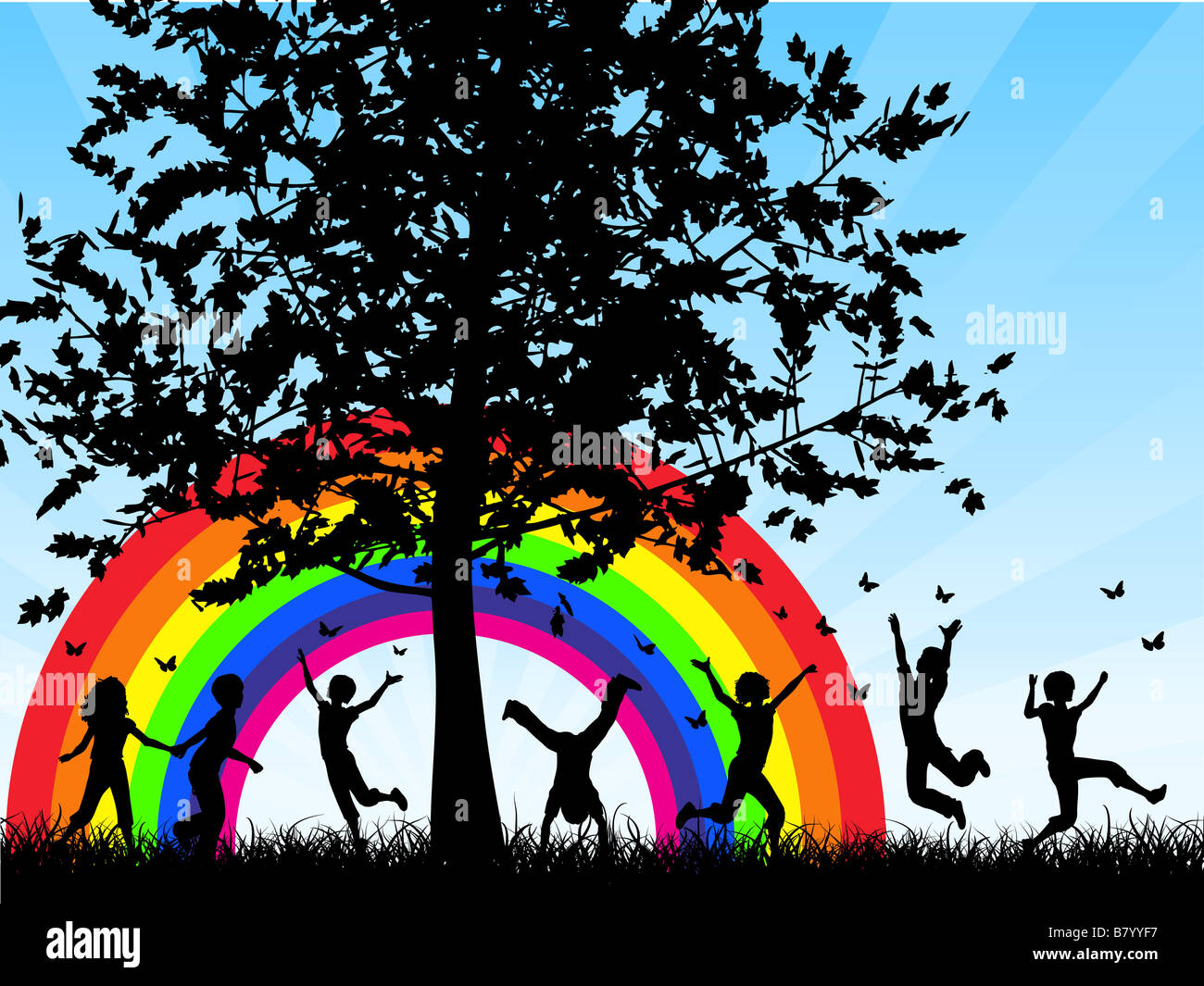 Silhouettes of children chasing butterflies Stock Photo