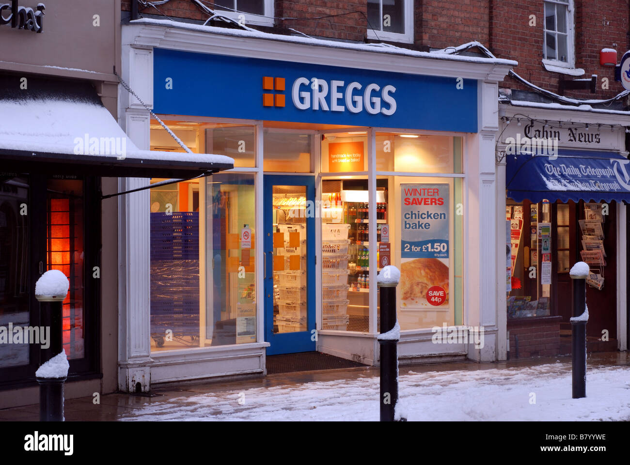 Greggs bakery shop in winter, UK Stock Photo