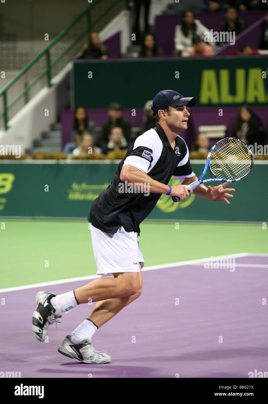 American Andy Roddick in the final of the Qatar ExxonMobil Open tournament 2009 which he lost to Briton Andy Murray Stock Photo