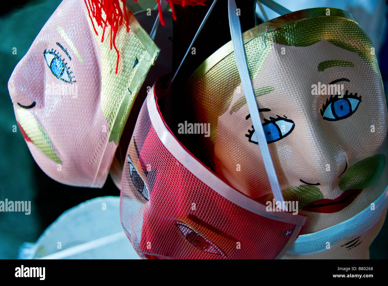 Nicaraguan traditional festival dance masks of wire mosquito mesh in Masaya market Stock Photo
