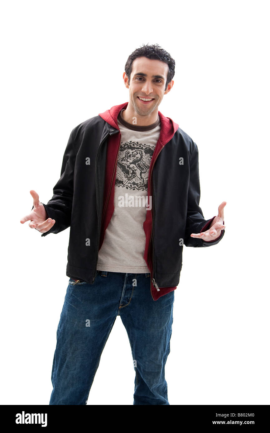 Cool handsome male smiling wearing a red hoodie black coat and jeans